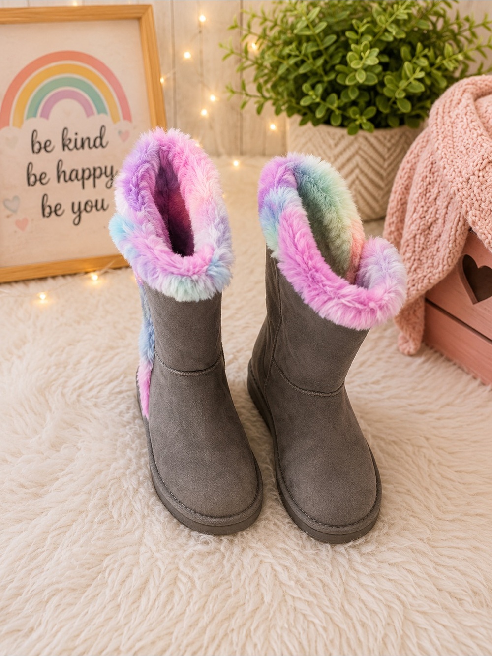 The Children’s Place Girls Gray Faux Suede Chalet Boots Rainbow Fur Kids Size 6